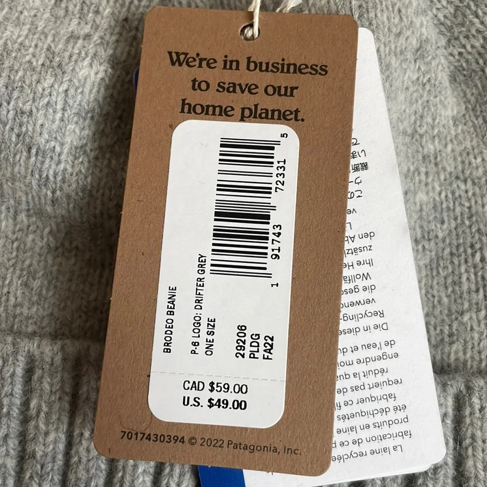 Brand New Patagonia Brodeo Beanie Recycled Wool Drifter Grey Logo Hat Ski Hike - Picture 7 of 15